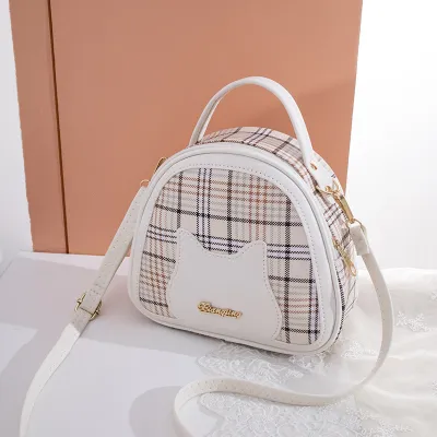 Women Fashion Plaid Cat Face Letter PU Zipper Small Crossbody Bag