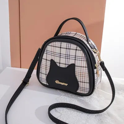 Women Fashion Plaid Cat Face Letter PU Zipper Small Crossbody Bag
