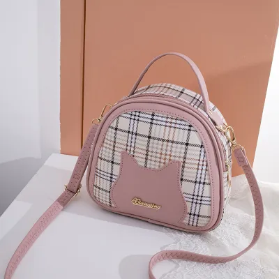 Women Fashion Plaid Cat Face Letter PU Zipper Small Crossbody Bag