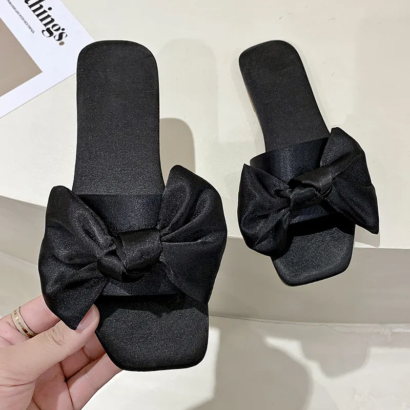 Summer Women Plus Size Satin Bow Square Toe Flat Slippers