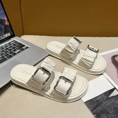 Summer Women Fashion Simple Plus Size Small Square Buckle Round Toe Thick-Soled Slippers