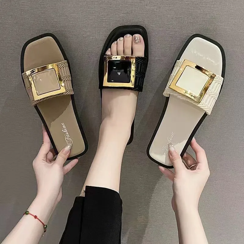 Women's Summer Metal Buckle Square Toe Flat Slippers