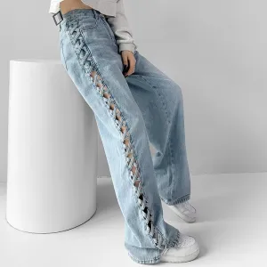 Women Fashion Design Side Lace-Up Cutout Jeans