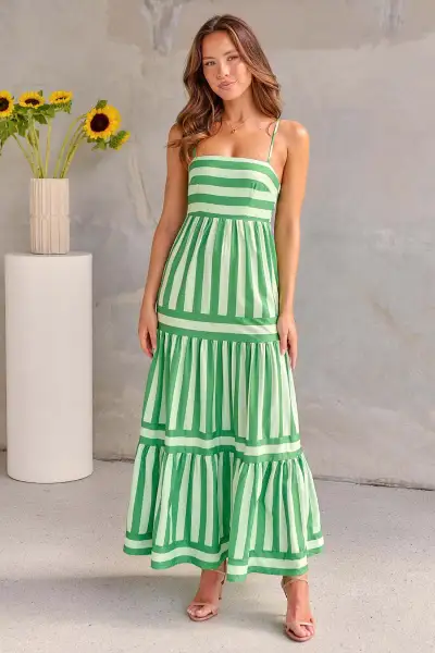 Summer Women Casual Stripe Printed Backless Strap Maxi Dress