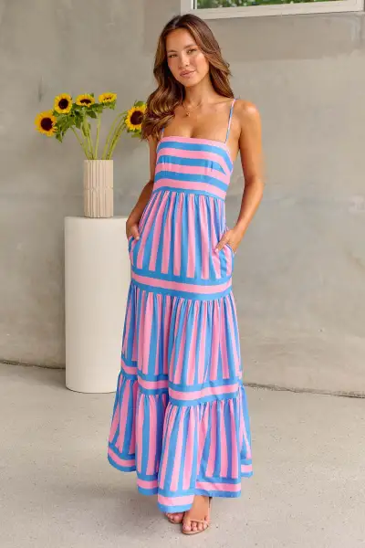 Summer Women Casual Stripe Printed Backless Strap Maxi Dress
