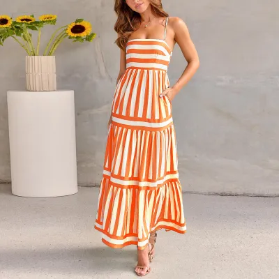 Summer Women Casual Stripe Printed Backless Strap Maxi Dress