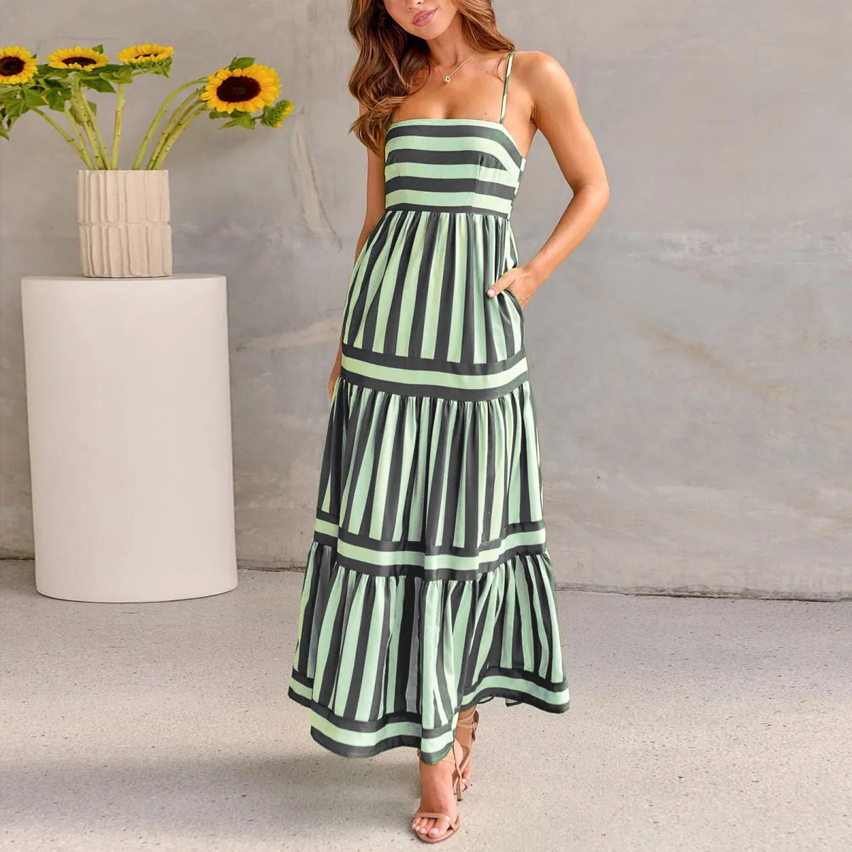 Summer Women Casual Stripe Printed Backless Strap Maxi Dress