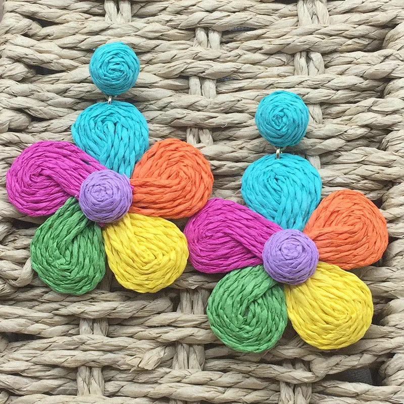 Summer Women Leisure Vacation Beach Hand-Woven Raffia Flower Earrings