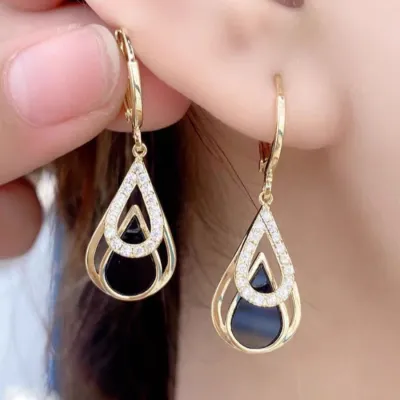Women Fashion Simple Diamond Drop Black Hollow Double Earrings