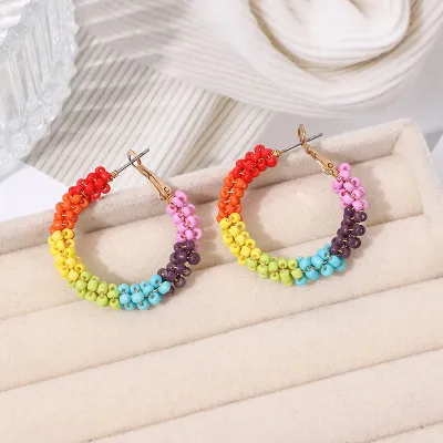 Women Bohemian Glass Rice Bead Circle Drop Earrings