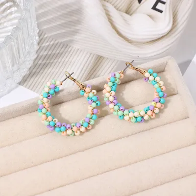 Women Bohemian Glass Rice Bead Circle Drop Earrings