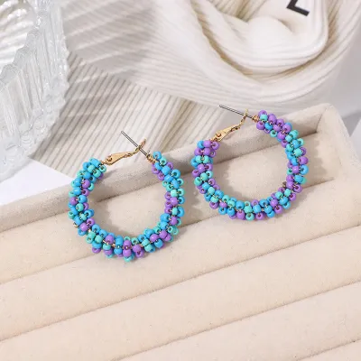 Women Bohemian Glass Rice Bead Circle Drop Earrings