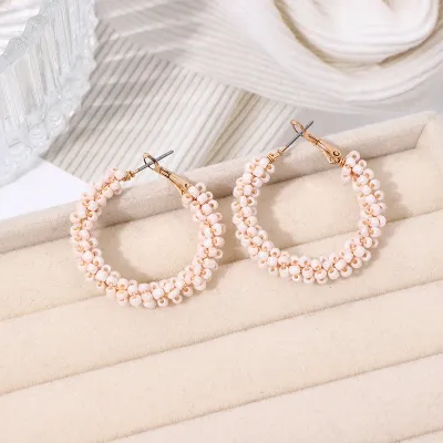 Women Bohemian Glass Rice Bead Circle Drop Earrings