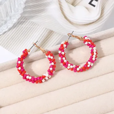 Women Bohemian Glass Rice Bead Circle Drop Earrings