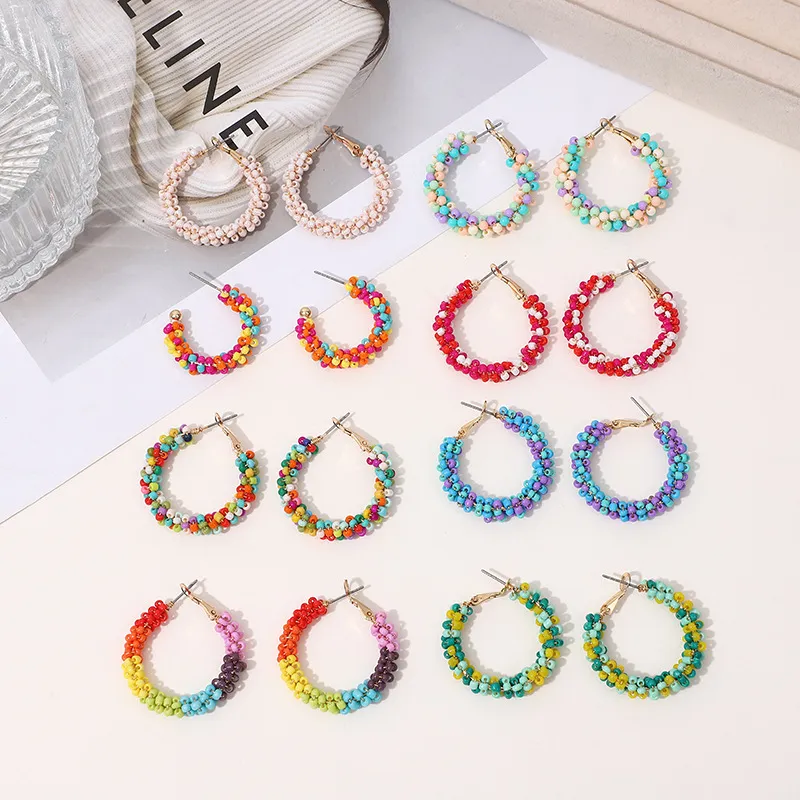 Women Bohemian Glass Rice Bead Circle Drop Earrings