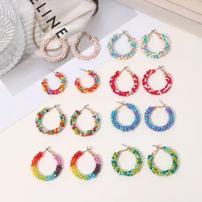 Women Fashion Bohemian Style Glass Rice Bead Circle Earrings
