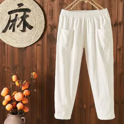 Women Casual Solid Color Cotton Linen Cropped High Waist Loose Pants