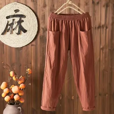 Women Casual Solid Color Cotton Linen Cropped High Waist Loose Pants