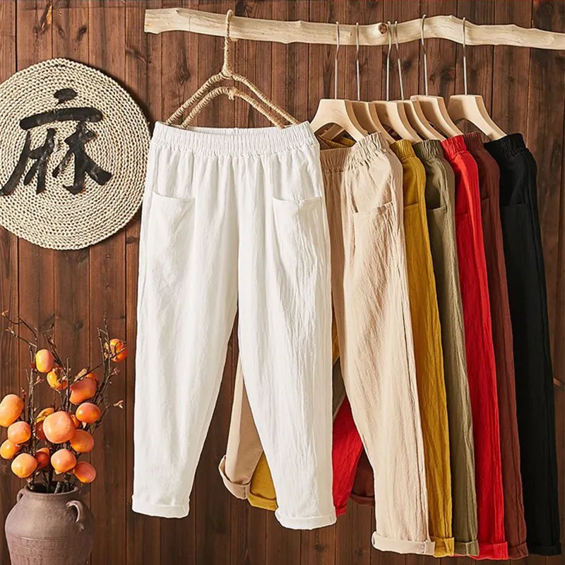 Women Casual Solid Color Cotton Linen Cropped High Waist Loose Pants