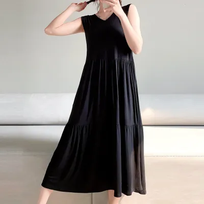 Women Casual Sleeveless Loose Midi Dress in Modal