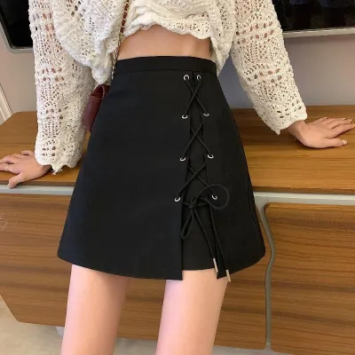 Women Fashion Solid Color Lace-Up A-Line Skirt