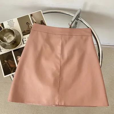 Women Fashion Solid Color PU Leather Skirt Fresh Sweet Princess Style