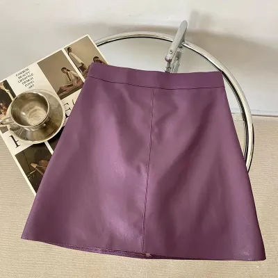 Women Fashion Solid Color PU Leather Skirt Fresh Sweet Princess Style