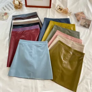 Women Fashion Solid Color PU Leather Skirt Fresh Sweet Princess Style