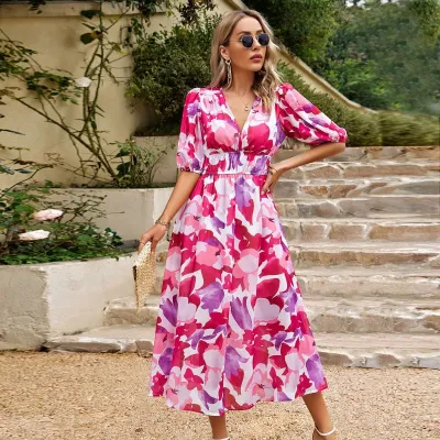 Summer Women Casual V-Neck Floral Print Short Sleeve Maxi Dress