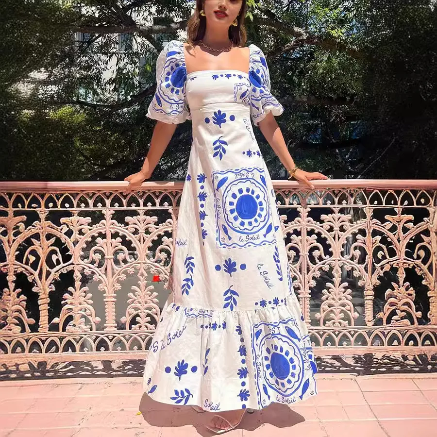 Women Casual Square Collar Floral Print Maxi Dress