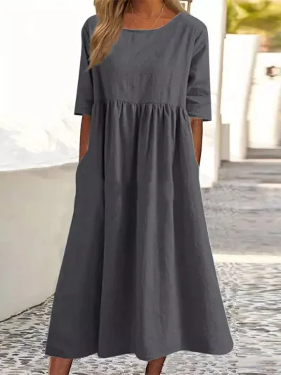 Summer Women Casual Loose Solid Color Round Neck Short Sleeve Maxi Dress