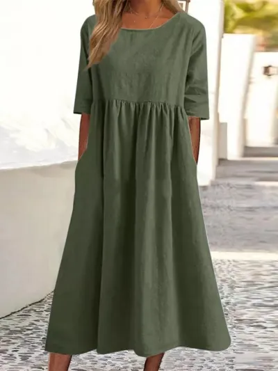 Summer Women Casual Loose Solid Color Round Neck Short Sleeve Maxi Dress