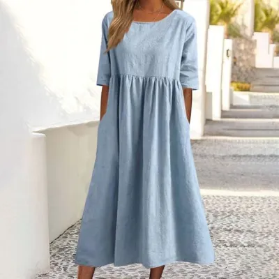 Summer Women Casual Loose Solid Color Round Neck Short Sleeve Maxi Dress