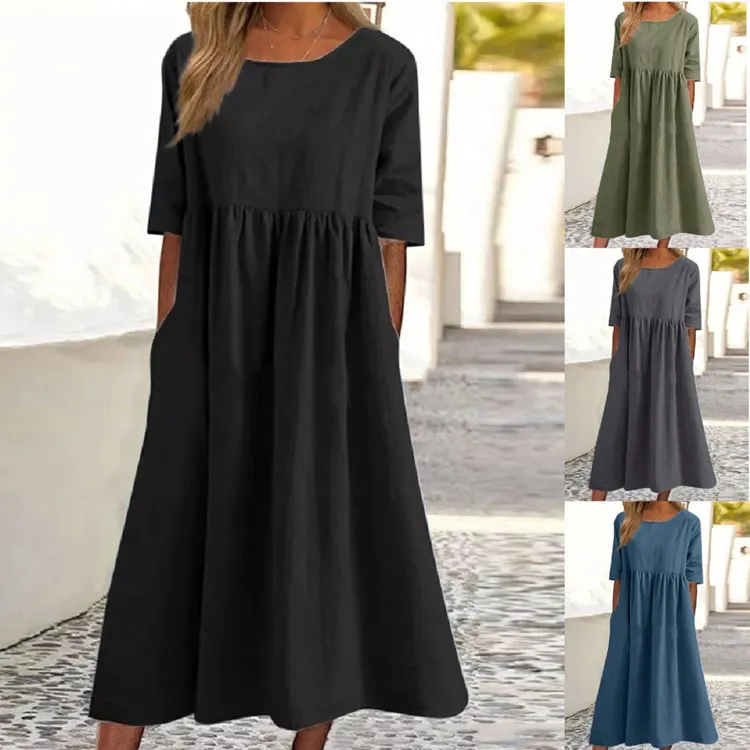 Summer Women Casual Loose Solid Color Round Neck Short Sleeve Maxi Dress