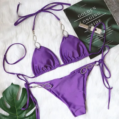 Summer Women Sexy Vacation Beach Metal Rhinestone Stitching Strap Bikini Swimsuit Set