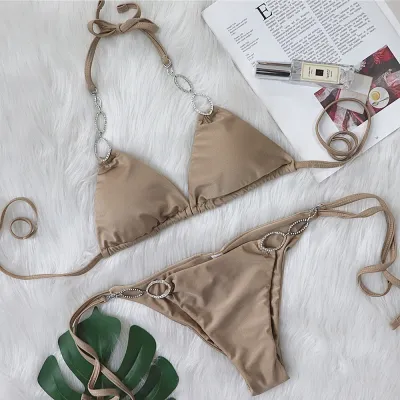 Summer Women Sexy Vacation Beach Metal Rhinestone Stitching Strap Bikini Swimsuit Set