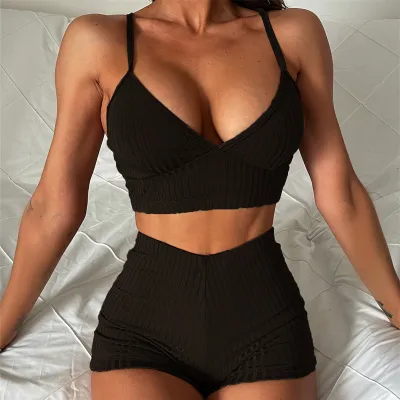 Summer Women Fashion Sexy Solid Color Deep V Swimsuit High Waist Tankini Set