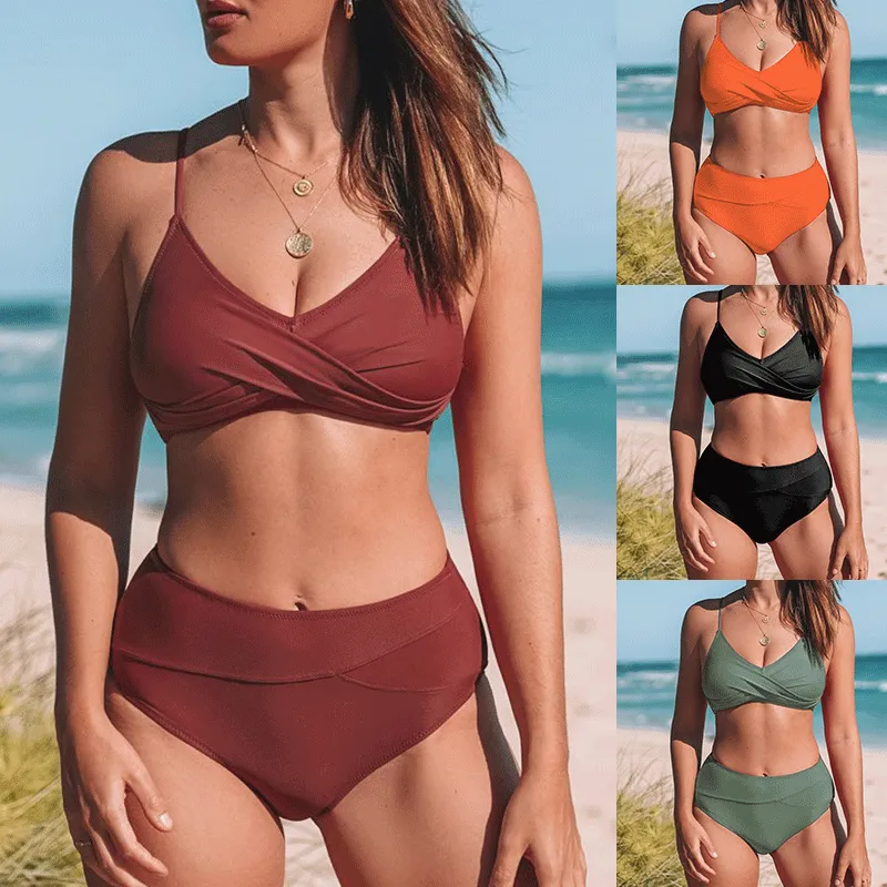 Summer Women Sexy Solid Color Cross Bikini Swimsuit Set