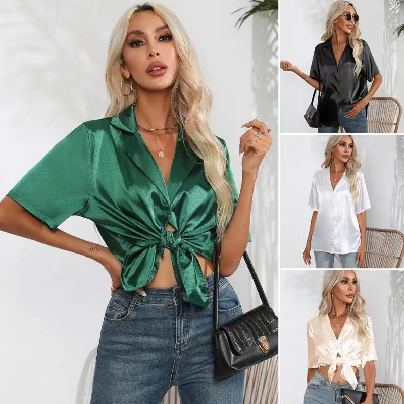 Summer Women Fashion Solid Color V-Neck Satin Imitation Silk Short Sleeve Blouse