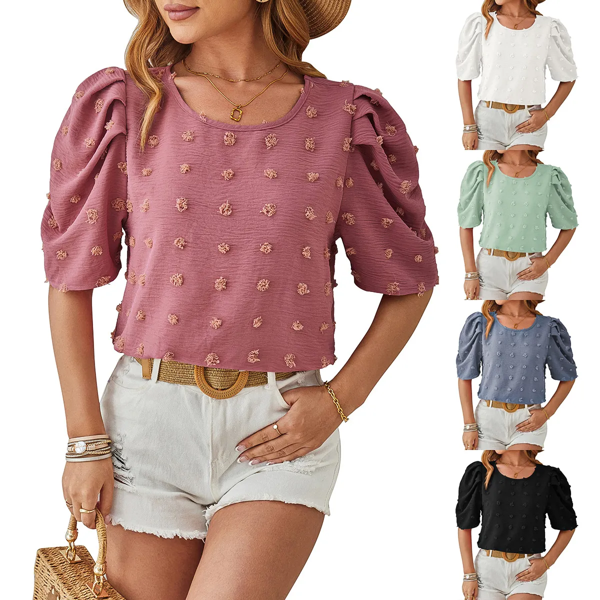 Summer Women Jacquard Short Sleeve Blouse