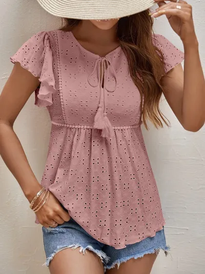 Summer Women Solid Color Jacquard Lotus Leaf Sleeve Blouse