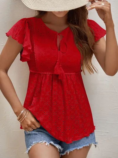 Summer Women Solid Color Jacquard Lotus Leaf Sleeve Blouse