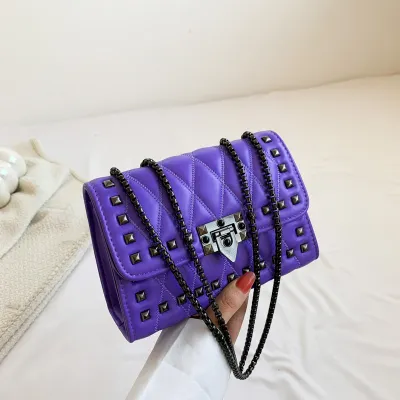Women Studded Flap Lock Square Chain Crossbody Bag in PU Leather