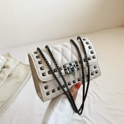 Women Studded Flap Lock Square Chain Crossbody Bag in PU Leather