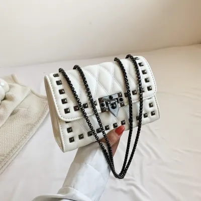 Women Studded Flap Lock Square Chain Crossbody Bag in PU Leather