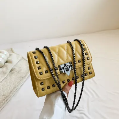 Women Studded Flap Lock Square Chain Crossbody Bag in PU Leather