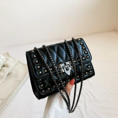 Women Simple And Fashionable Studded Flap Lock Square Chain Crossbody Bag