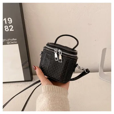 Women Fashion Diamond Zipper Square Crossbody Bucket Bag Small PU
