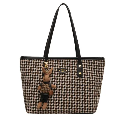 Women's Fashion Houndstooth Cartoon Pendant Canvas Shoulder Tote Bag Large Capacity