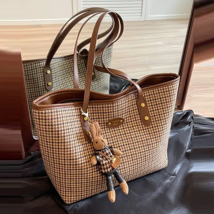 Women's Fashion Houndstooth Cartoon Pendant Canvas Shoulder Tote Bag Large Capacity